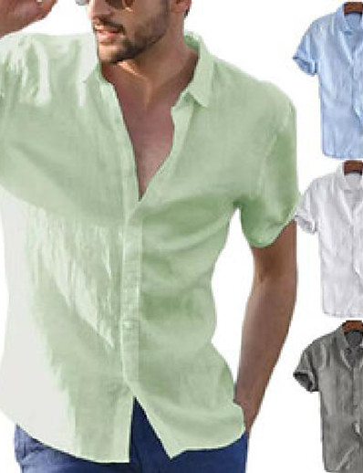 cheap Men-Men&#039;s Shirt Solid Colored Collar Button Down Collar Training Office / Career Short Sleeve Classic Style Modern Style Tops Cotton Sporty Simple Sportswear Modern Style Green Blue White / Spring / Fall