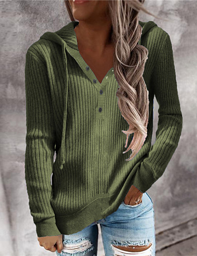저렴한 스웨터 &amp; 가디건-여성용 스웨터 풀오버 점퍼 한 색상 니트 단추 세련 베이직 캐쥬얼 긴 소매 보통 스웨터 가디건 가을 겨울 V 넥 아미 그린 블랙 그레이