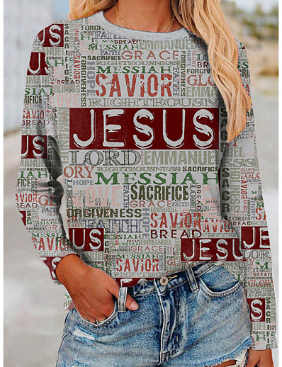 olcso Pólók-Női Póló Jézus Szöveg V-alakú Nyomtatás Alap Felsők Fekete Szürke Barna