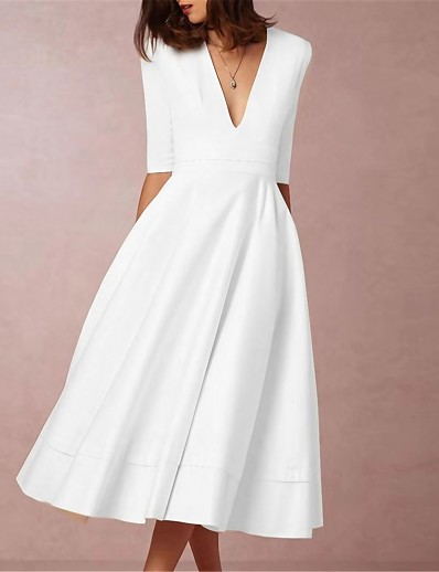 رخيصةأون 2022 تفضيلات-نسائي فستان ميدي فستان سوينج أبيض نصف كم لون الصلبة منخفضة V رقبة الخريف الربيع مناسب للخارج حفلة حار أنيق 2021 S M L XL XXL 3XL