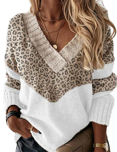 cheap Women-Women&#039;s Pullover Sweater Jumper Leopard Print Color Block Patchwork Print Stylish Basic Casual Long Sleeve Regular Fit Sweater Cardigans Fall Winter V Neck Khaki / Daily / Holiday / Going out