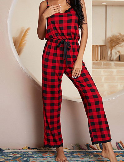 cheap Women-Women&#039;s Pajamas Sets Gift Backless Elastic Waist Home Daily Polyester Grid / Plaid Strap Top Simple Soft Sweet Fall Spring Pant Sleeveless Long Pant Straps Seamed / Shirt