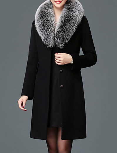 저렴한 여성 코트 &amp; 트렌치 코트-여성용 코트 가을 겨울 캐쥬얼 일상 긴 코트 따뜨하게 유지 보통 캐쥬얼 자켓 긴 소매 퀼트 모피 트림 한 색상 카키 블랙