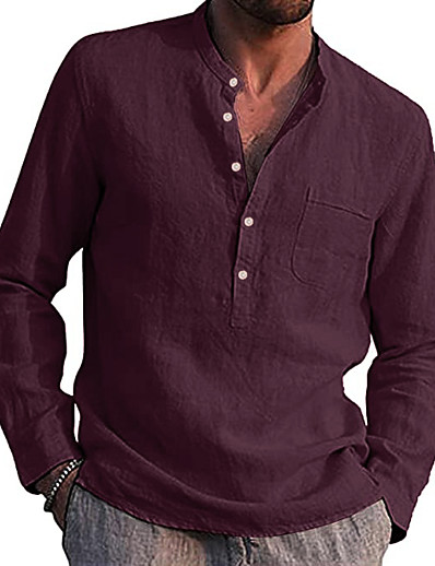 cheap Basic Collection-Men&#039;s Henley Shirt Plain non-printing Stand Collar Home Daily Long Sleeve Button-Down Tops Lightweight Fashion Wine