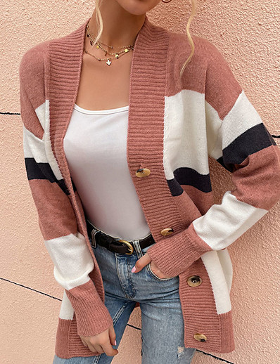 저렴한 가디건-여성용 가디건 컬러 블럭 니트 세련 긴 소매 보통 스웨터 가디건 가을 겨울 전면 오픈 블러슁 핑크 카키