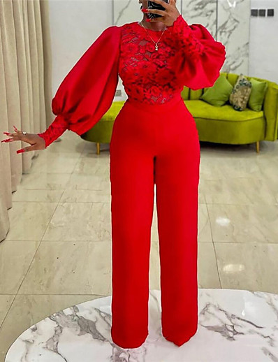 cheap Jumpsuits &amp; Rompers-Women&#039;s Formal Casual Crew Neck Birthday Party Evening High Waist Red Jumpsuit Flower Lace Solid Color