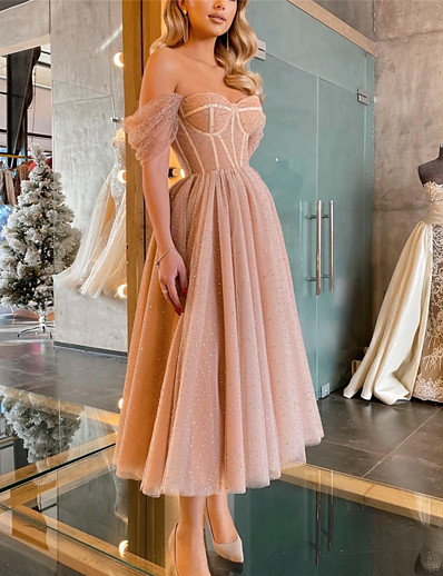 cheap Women-Women&#039;s Midi Dress A Line Dress Apricot Sleeveless Cold Shoulder Solid Color Off Shoulder Spring Summer Party Party Elegant Casual 2022 S M L XL