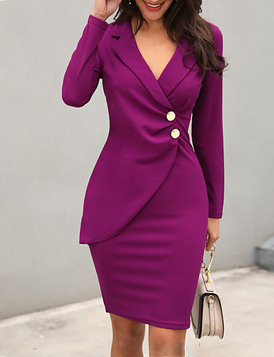 cheap Women-Women&#039;s Knee Length Dress Sheath Dress Purple Black Gray Long Sleeve Ruched Button Solid Color V Neck Fall Winter Personalized Work Formal 2021 S M L XL XXL