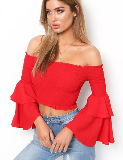 cheap Basic Collection-LITB Basic Women&#039;s Ruffle Flared Sleeve Crop Off Shoulder Top Solid Color