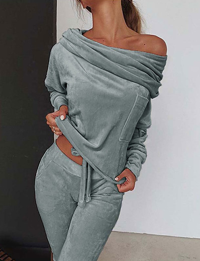 hesapli KADIN-Kadın&#039;s Temel Sokak Şıklığı Düz Ev Aktif Giyim İki Parçalı Set Düşük Omuz Pantolon loungewear Eşofman Pantolon Kapüşonlu Giyecek Svetşört Pantolon Takımları Büzgülü Üstler