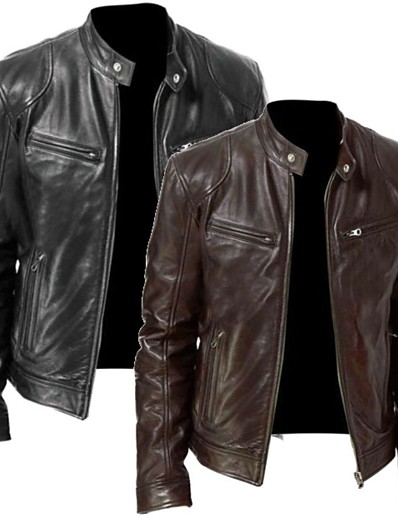 hesapli Erkek Dış Giyimi-Erkek Ceketler Sonbahar Bahar Cadde Günlük Motorsiklet Normal Ceket Dik Yaka Fermuar Rüzgar Geçirmez Sıcak Tutma Dar Kalıp Moda Nostaljik Havalı Ceketler Uzun Kollu Fermuar Tek Renk Cep Siyah siyah