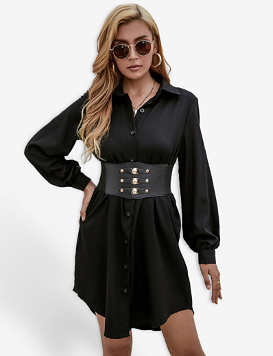 cheap Basic Collection-Women&#039;s Knee Length Dress Shirt Dress Black Long Sleeve Button Solid Color Shirt Collar Fall Spring Work Vintage 2021 S M L XL