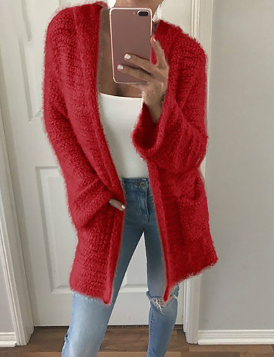 저렴한 가디건-여성용 가디건 한 색상 주머니 캐쥬얼 긴 소매 가오리핏 스웨터 가디건 가을 겨울 후디 블러슁 핑크 그레이 블랙