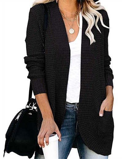 cheap Cardigans-Women&#039;s Cardigan Solid Color Pocket Knitted Basic Casual Chunky Long Sleeve Loose Sweater Cardigans Fall Winter Open Front Black Purple Pink / Daily / Holiday / Going out
