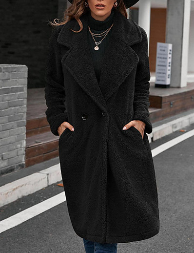 cheap Coats &amp; Trench Coats-Women&#039;s Coat Fall Winter Street Daily Going out Long Coat Warm Breathable Regular Fit Casual Jacket Long Sleeve Fur Trim Pocket Solid Color Black Gray Khaki