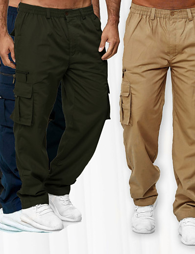ieftine Pantaloni Bărbați-Bărbați Post Talie elastică Buzunare multiple Drept Pantaloni Pantaloni de marfă Lungime totală Pantaloni Inelastic Casual Sport Culoare solidă Talie medie Exterior Sport Verde Militar Negru Kaki