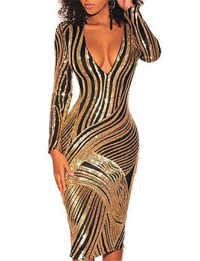 cheap Women-Women&#039;s Knee Length Dress Sheath Dress Gold Long Sleeve Glitter Striped Deep V Fall Spring Going out Hot Elegant Sexy 2021 Regular Fit S M L XL