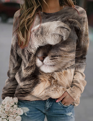저렴한 여자들-여성용 고양이 3D 베이지 맨투맨 스웻티셔츠 풀오버 프린트 3D 인쇄 캐쥬얼 스포츠 활동적 스트리트 쉬크 후드 스웨트 셔츠 네이비 블루 브라운 커피 / 동물