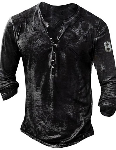 cheap Men-Men&#039;s Henley Shirt T shirt Graphic Prints Letter Henley Plus Size Street Casual Long Sleeve Button-Down Print Tops Basic Casual Classic Big and Tall Black
