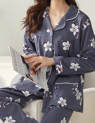 cheap Women-Women&#039;s Pajamas Sets Breathable Gift Button Home Bed Polyester Flower Shirt Simple Soft Sweet Fall Winter Spring Pant Long Sleeve Long Pant V Wire Buckle