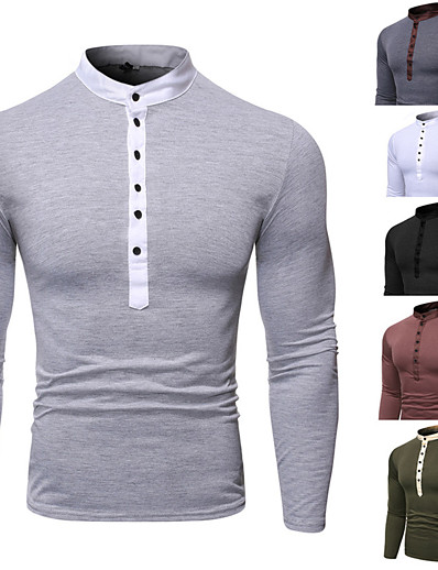 cheap Men&#039;s Tops-Men&#039;s T shirt Solid Color Standing Collar Casual Daily Long Sleeve Button-Down Tops Lightweight Casual Classic Slim Fit White Black Army Green / Sports