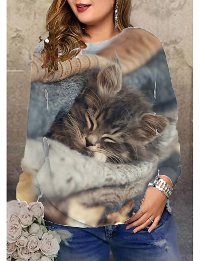 ieftine Bluze Mărime Plus-Pentru femei Plus Size Topuri Hanorac pulover Pisica Grafic Manșon Lung Imprimeu Hanorac cu Glugă Șic Stradă Crewneck Spandex Zilnic Toamnă Iarnă Maro / Mărime Plus / Tipărire 3D / Mărime Plus