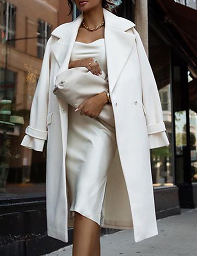 hesapli Kadın Dış Giyim-Kadın&#039;s Kaban Sonbahar Kış Cadde Günlük Dışarı Çıkma Uzun Ceket Sıcak Tutma Nefes Alabilir Normal Zarif Günlük Ceketler Uzun Kollu Cep Tek Renk Beyaz Siyah Kahverengi