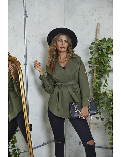 cheap Basic Collection-Women&#039;s Trench Coat Fall Winter Daily Outdoor Regular Coat Turndown Open Front Windproof Loose Casual Jacket Long Sleeve Pocket Plain Army Green