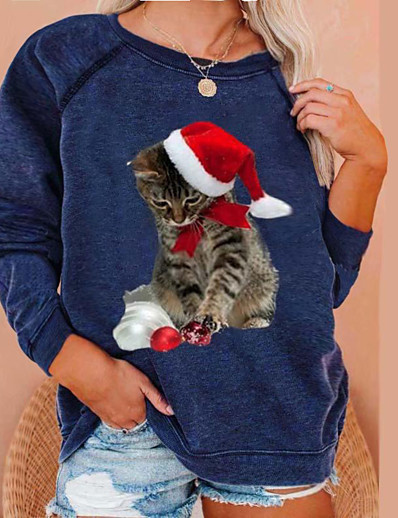 ieftine Colecție Mărime Plus-Pentru femei Plus Size Topuri Pulover cu glugă Pisica Manșon Lung Casual Crăciun Rotund Poliester Dată Vacanță Toamnă Iarnă Albastru piscină Gri / Mărime Plus / Mărime Plus