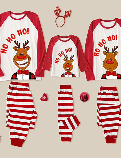 זול Family Matching Outfits-משפחה פיג&#039;מות מתנות חג מולד פסים צבי אותיות טלאים אודם שרוול ארוך יומי תלבושות תואמות / סתיו / חורף / סגנון חמוד / דפוס
