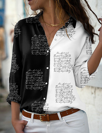 hesapli Bluzlar ve Gömlekler-Kadın&#039;s Bluz Gömlek Zıt Renkli Harf Gömlek Yaka Buton Desen Günlük Sokak Şıklığı Üstler Siyah / 3D Baskı