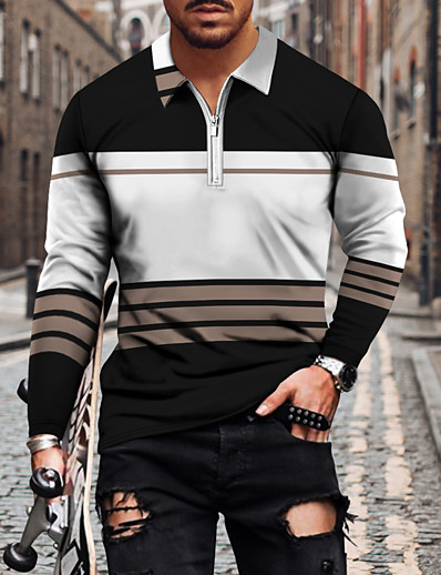 cheap Men-Men&#039;s Golf Shirt Striped Geometric 3D Print Collar Casual Daily Long Sleeve Zipper Print Tops Casual Fashion Cool Breathable Blue White Gray / Sports / Fall / Winter