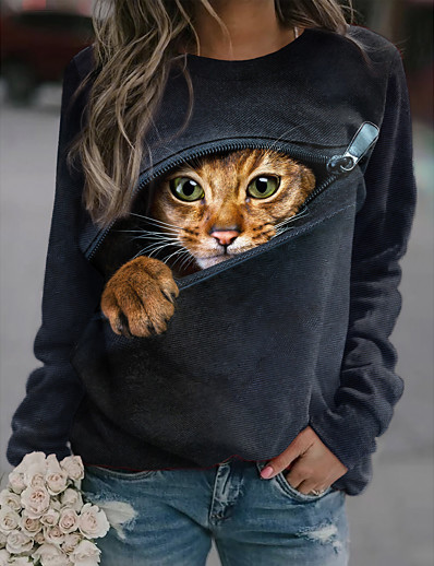 저렴한 여자들-여성용 고양이 3D 동물 맨투맨 스웻티셔츠 풀오버 프린트 3D 인쇄 캐쥬얼 스포츠 활동적 스트리트 쉬크 후드 스웨트 셔츠 클로버 푸른 퍼플