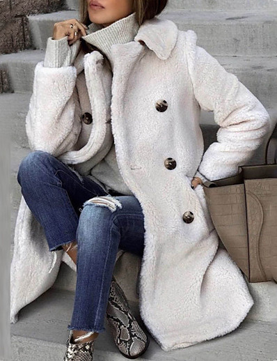 cheap Coats &amp; Trench Coats-Women&#039;s Teddy Coat Fall Winter Street Daily Going out Regular Coat Warm Regular Fit Casual Cute Jacket Long Sleeve Pocket Plain White