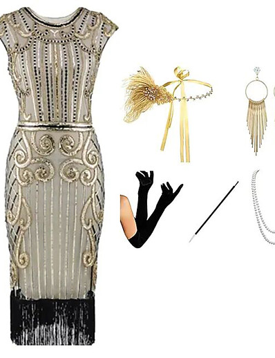 cheap Cosplay &amp; Costumes-The Great Gatsby Roaring 20s 1920s Vintage Vacation Dress Flapper Dress Outfits Masquerade Prom Dress Women&#039;s Tassel Fringe Costume Golden / Black+Golden / Golden+Black Vintage Cosplay Party Prom