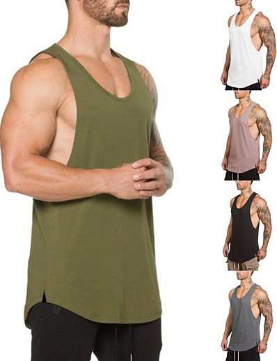 cheap Exercise, Fitness &amp; Yoga-Men&#039;s Yoga Top Crewneck Summer Solid Color Gray khaki Yoga Fitness Gym Workout Cotton Tank Top Sleeveless Sport Activewear Stretchy Quick Dry Breathable Soft Loose / Casual / Athletic
