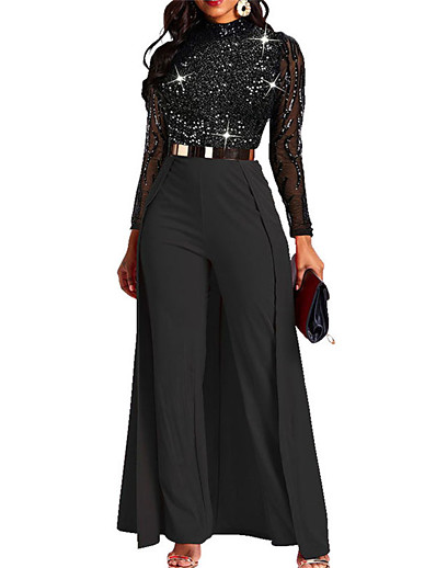 cheap Jumpsuits &amp; Rompers-Women&#039;s Elegant Casual Daily Turtleneck Party Evening Casual Sequins Black Red Jumpsuit Sequins