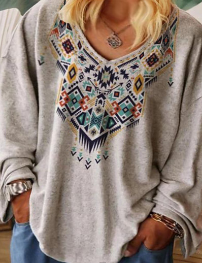 ieftine Bluze Mărime Plus-Pentru femei Plus Size Topuri Tribal Imprimeu Grafic Tricou Manșon Lung Imprimeu Casual În V Poliester Zilnic Toamnă Primăvară / Mărime Plus
