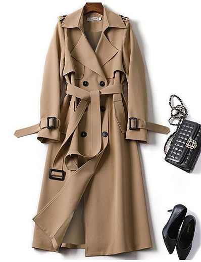 cheap Women&#039;s Outerwear-Women&#039;s Trench Coat Fall Winter Spring Daily Outdoor clothing Work Long Coat Warm Regular Fit Fashion Classic Jacket Long Sleeve Lace up Patchwork Plaid Solid Colored Blue Black Camel