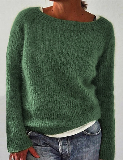 저렴한 2022년 트렌드-여성용 풀오버 스웨터 한 색상 니트 베이직 캐쥬얼 긴 소매 보통 스웨터 가디건 가을 겨울 보트넥 푸른 퍼플 블랙 / 홀리데이 / 데이트
