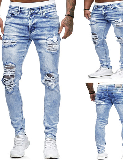 cheap Men-Men&#039;s Stylish Sporty Pants Jeans Trousers Full Length Pants Micro-elastic Daily Sports Denim Solid Color Mid Waist Comfort Light Blue S M L XL XXL