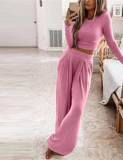 cheap Women-Women&#039;s Loungewear Sets Breathable Gift Basic Elastic Waist Home Street Going out Airport Cotton Blend Pure Color Crop Top Simple Fashion Soft Sport Fall Winter Pant Long Sleeve Long Pant Crew Neck