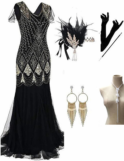 cheap Cosplay &amp; Costumes-The Great Gatsby Roaring 20s 1920s Vintage Vacation Dress Flapper Dress Outfits Masquerade Prom Dress Women&#039;s Tassel Fringe Costume Brown black / Black+Golden / Black Vintage Cosplay Party Wedding