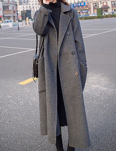 저렴한 여성 코트 &amp; 트렌치 코트-여성용 코트 가을 겨울 거리 일상 홀리데이 긴 코트 방풍 따뜨하게 유지 루즈핏 활동적 캐쥬얼 스트리트 쉬크 자켓 긴 소매 퀼트 주머니 한 색상 블랙 그레이