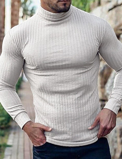 hesapli Erkek Üstleri-Erkek T gömlek Tek Renk Boğazlı Günlük Spor Uzun Kollu Üstler Hafif Günlük Klasik Dar Kesim Beyaz Siyah Gri