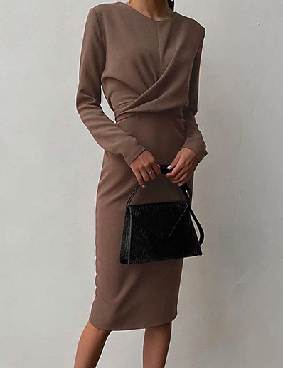 cheap Women-Women&#039;s Midi Dress Sheath Dress Black Brown Beige Long Sleeve Ruched Solid Color Round Neck Fall Winter Casual 2022 S M L