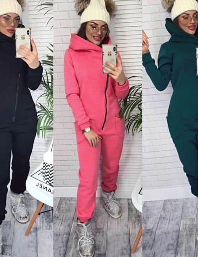 cheap Sportswear-Women&#039;s One-piece Jumpsuit Tracksuit Sweatsuit Street Casual Winter Long Sleeve Fleece Thermal Warm Breathable Soft Fitness Gym Workout Performance Running Jogging Sportswear Solid Colored Black Pink