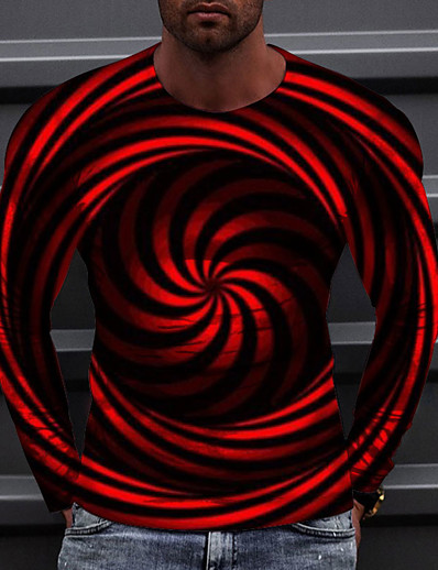 billige Toppe til mænd-Herre T-Shirts T-shirt Grafisk Cirkel Lineær 3D-udskrivning Rund hals Afslappet Daglig Langærmet 3D-udskrivning Toppe Afslappet Mode Designer Bekvem Blå Rød Gul