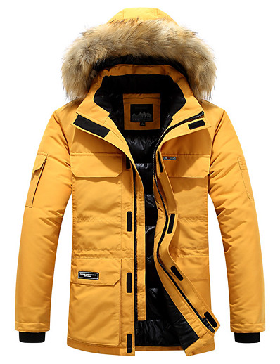 cheap Men-Men&#039;s Parka Fall Winter Street Daily Going out Regular Coat Hoodie Zipper Warm Breathable Regular Fit Casual Streetwear Jacket Long Sleeve Quilted Fur Trim Solid Color Yellow Royal Blue Orange