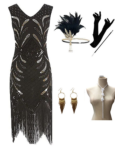 cheap Cosplay &amp; Costumes-The Great Gatsby Roaring 20s 1920s Vintage Vacation Dress Flapper Dress Outfits Masquerade Prom Dress Women&#039;s Tassel Fringe Costume Golden / Black Vintage Cosplay Party Prom / Gloves / Headwear